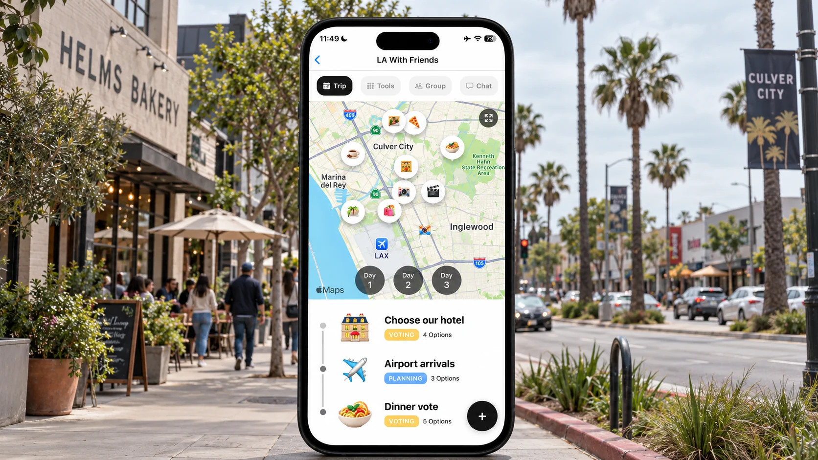 AI-made FlowTrip group-planning screen against a Culver City street in Los Angeles