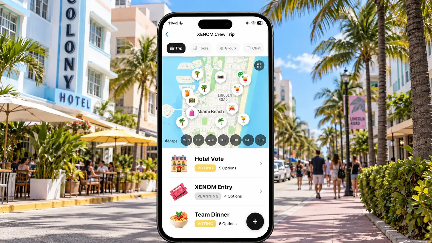 AI illustration of a FlowTrip XENOM crew trip on a phone against an ordinary Miami Beach street