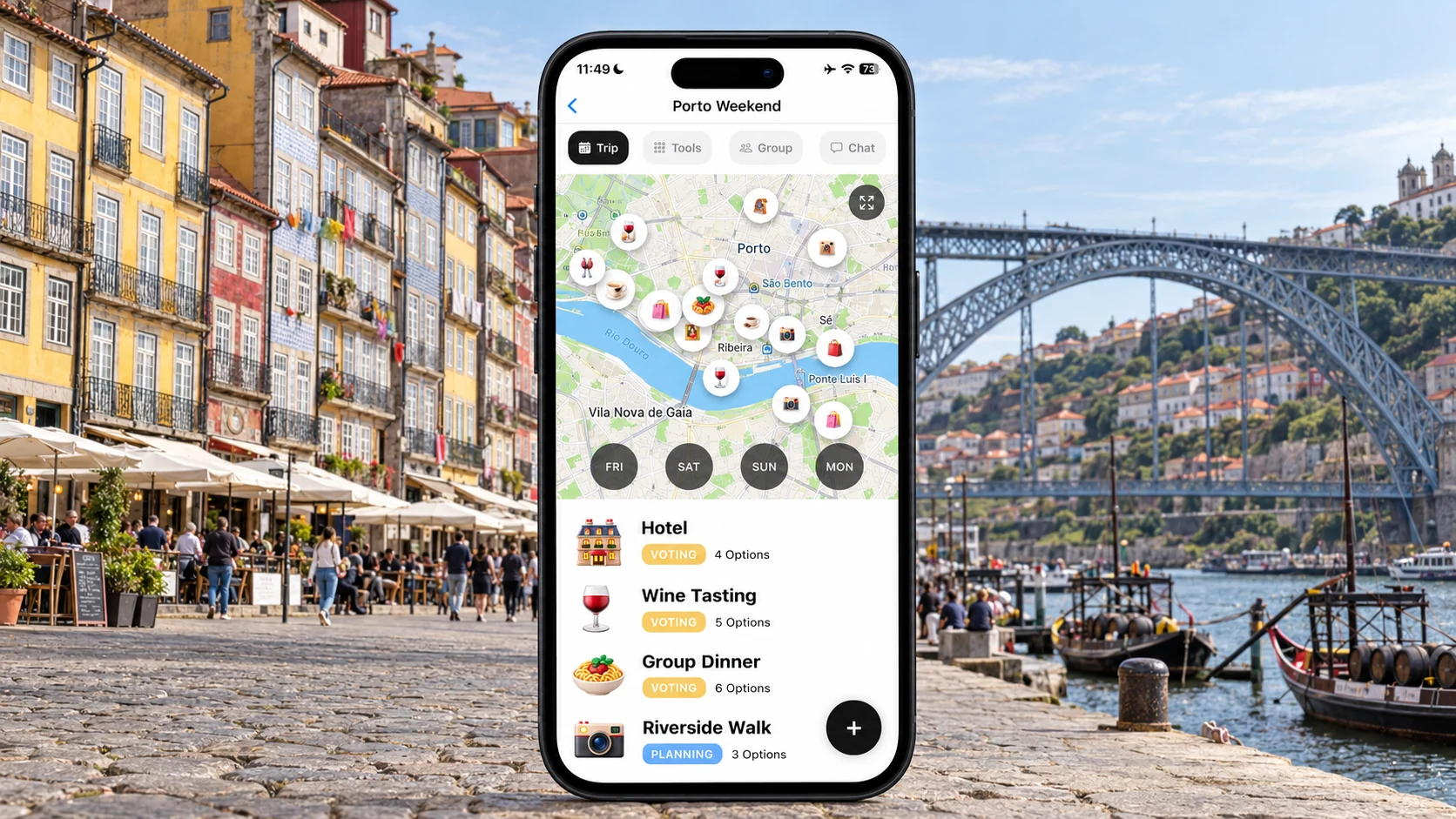AI illustration of a FlowTrip Porto weekend planning screen on a narrow upright iPhone with a recognizable Porto city view behind it