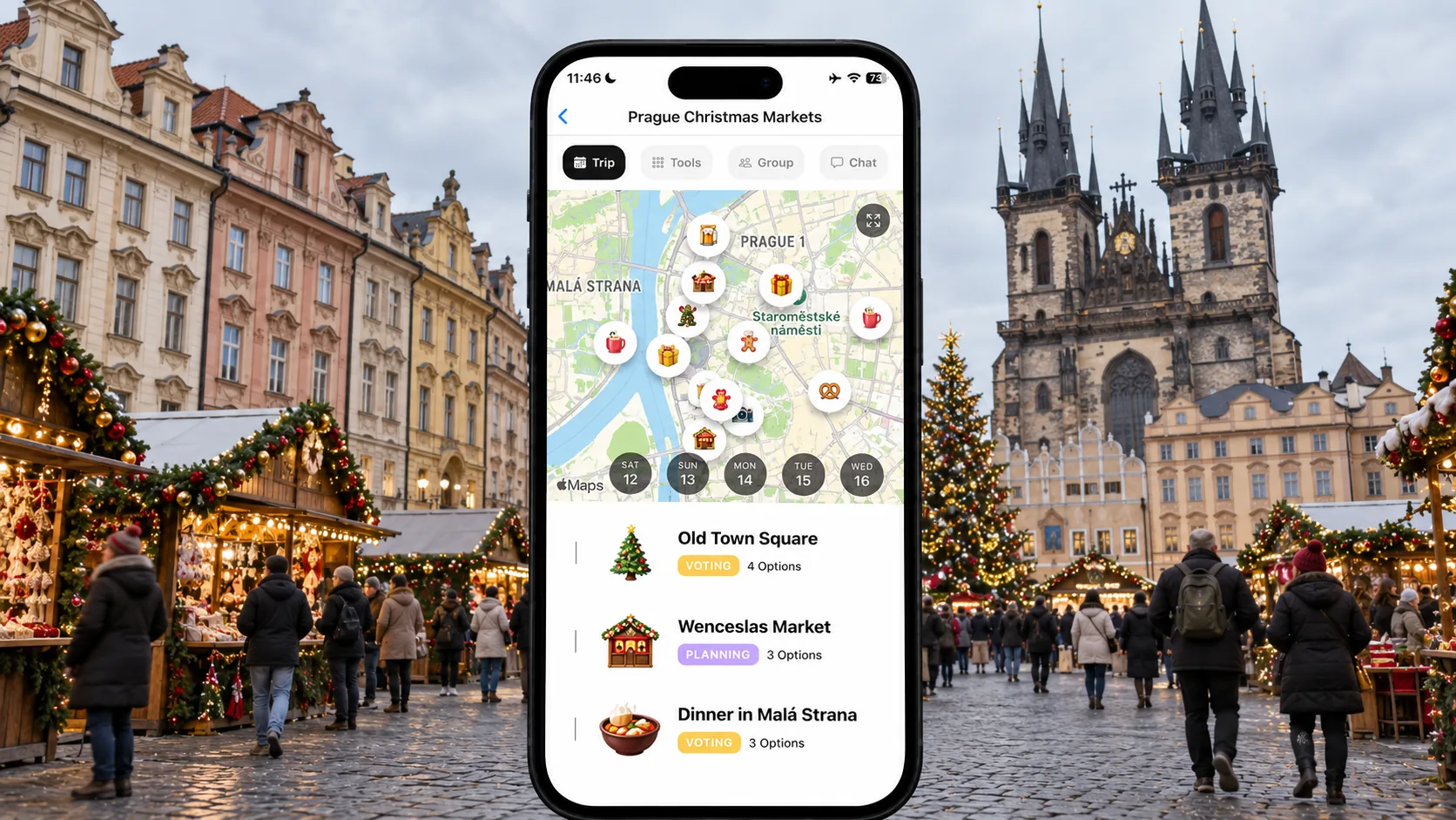 AI illustration of a FlowTrip Christmas market group plan on a phone in Prague