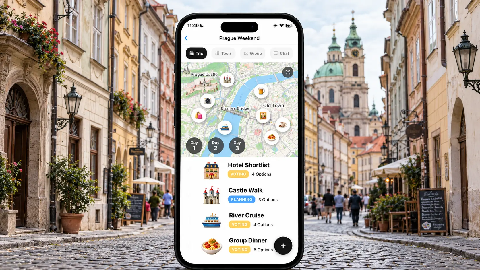AI illustration of a FlowTrip Prague weekend planning screen on a narrow upright phone in a recognizable Prague city scene