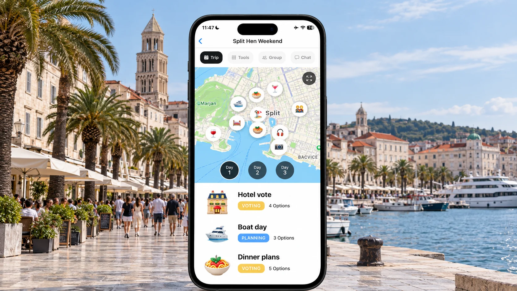 AI-made FlowTrip hen-weekend planning screen beside Split’s Riva waterfront