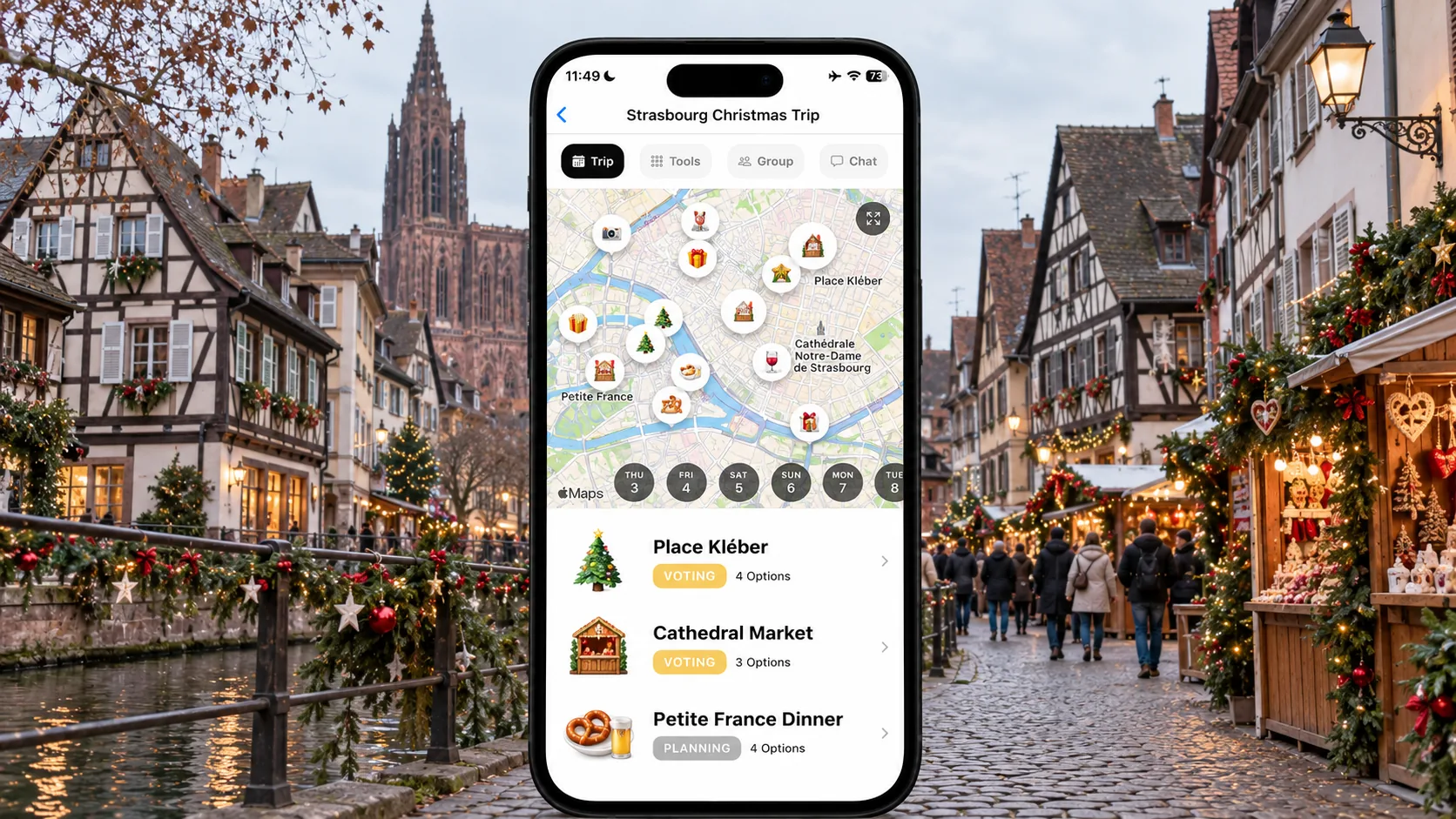 AI illustration of a FlowTrip Christmas market group plan on a phone in Strasbourg