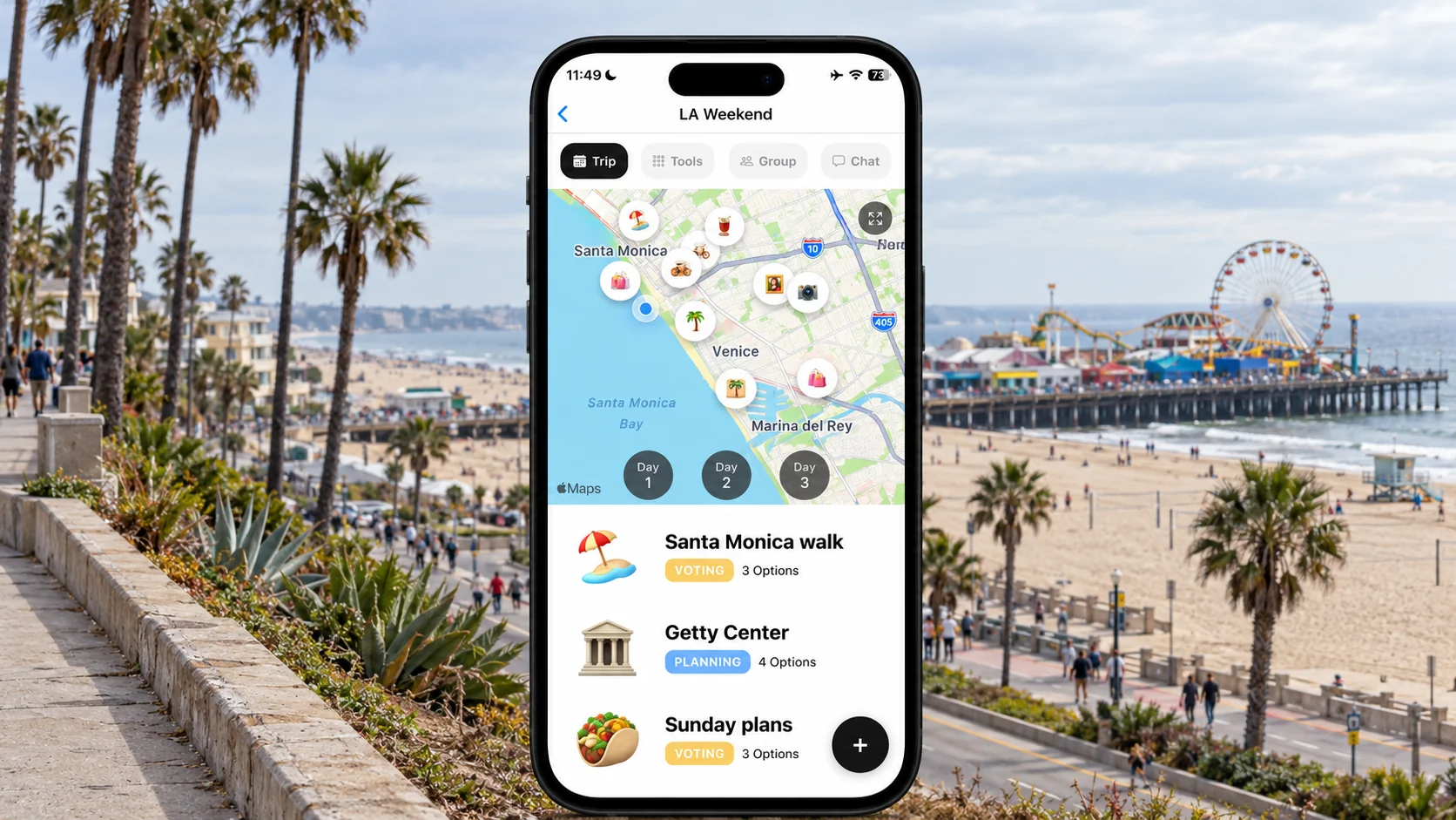 AI-made FlowTrip weekend-planning screen overlooking Santa Monica Beach and pier