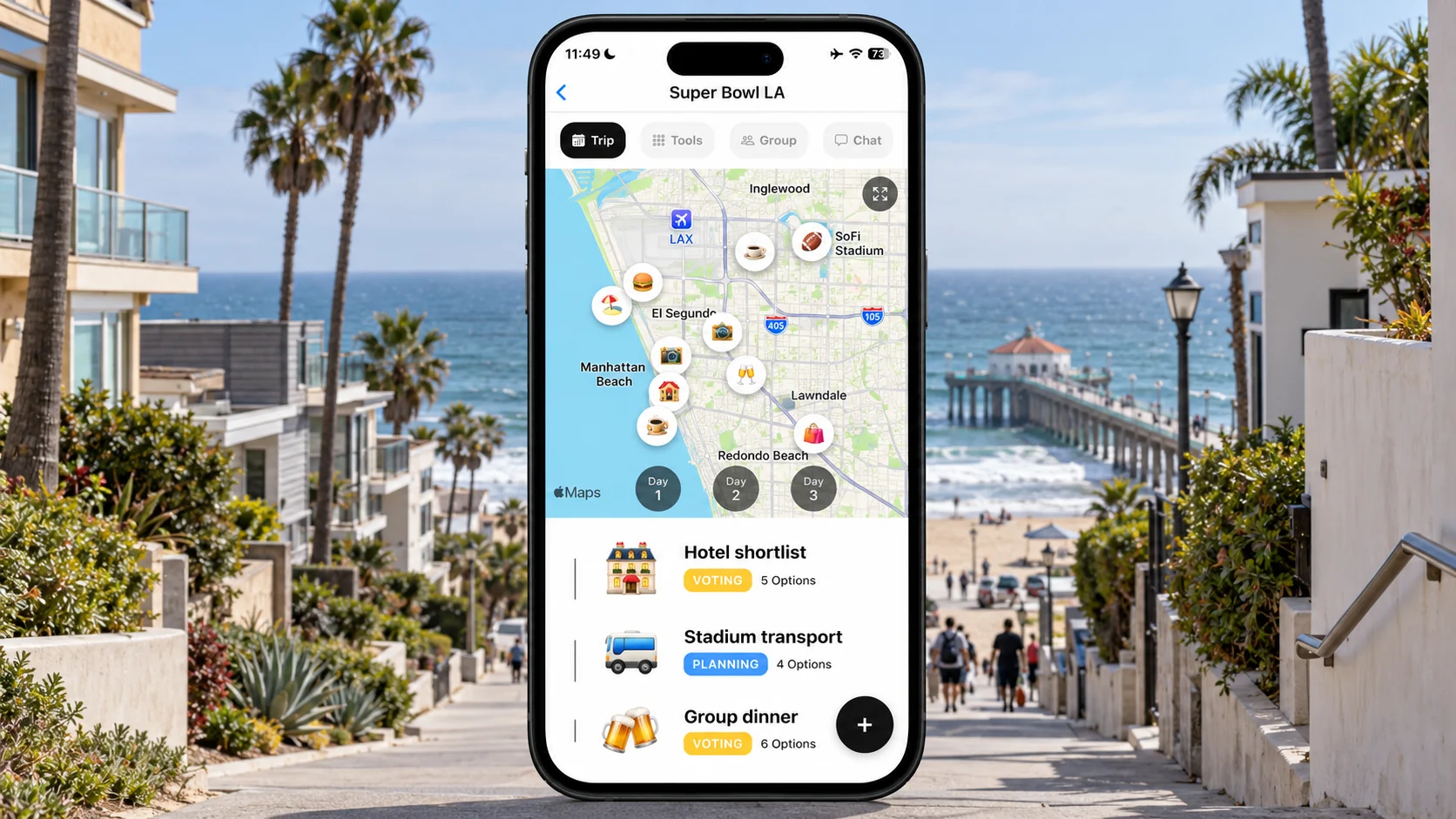 AI-made FlowTrip planning screen over a Manhattan Beach view for a Los Angeles Super Bowl trip