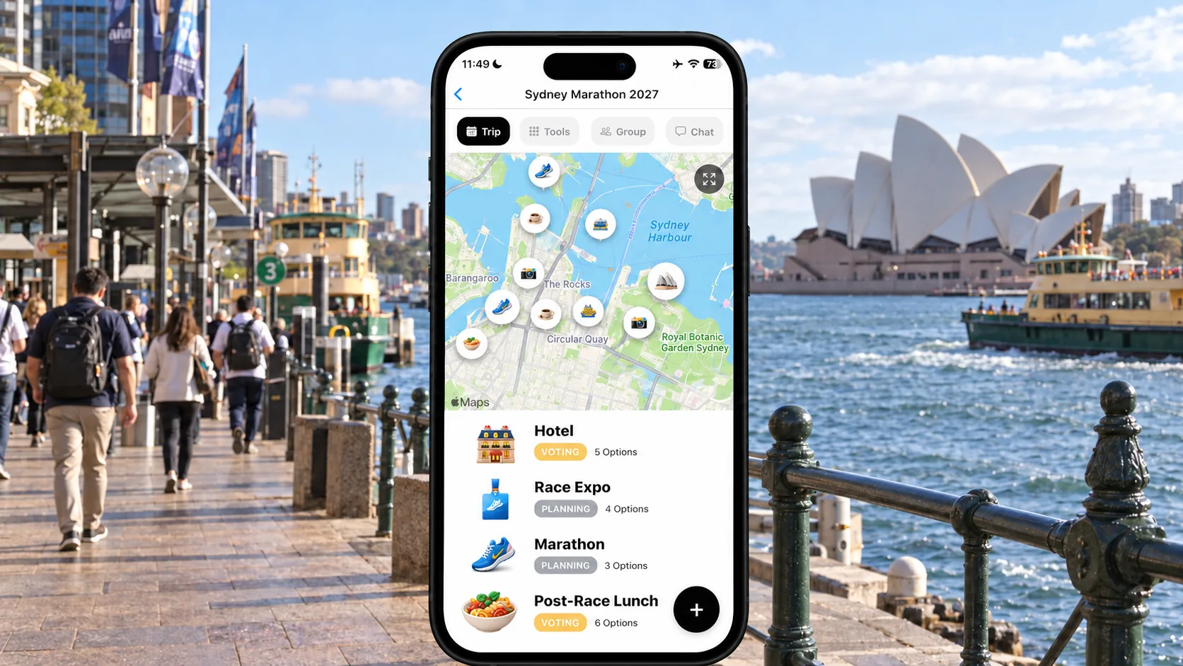 FlowTrip Sydney Marathon trip plan on a phone beside Circular Quay and the Sydney Opera House