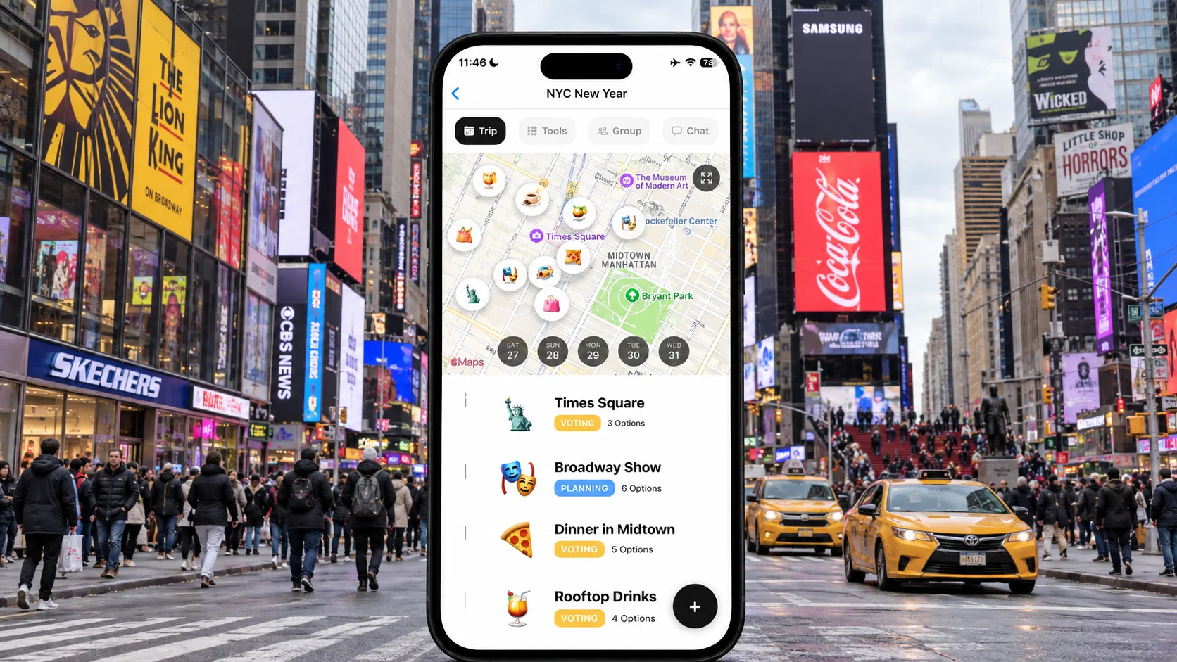 Illustrated FlowTrip New York New Year group plan on an upright phone amid the real street scene of Times Square
