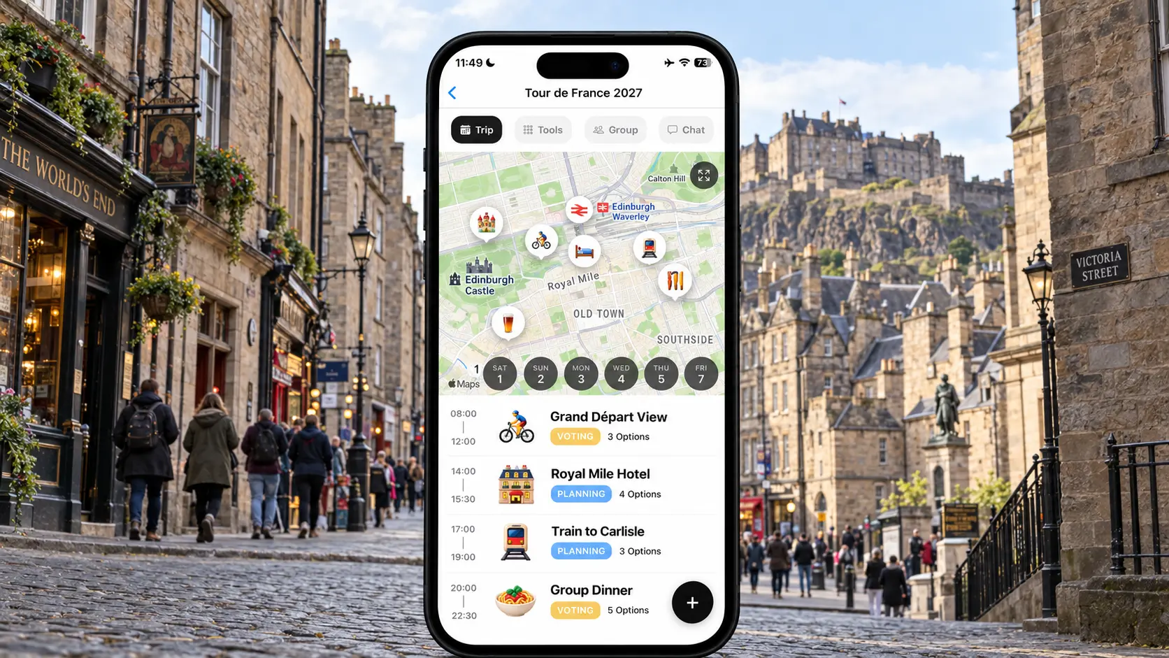 AI illustration of a FlowTrip Tour de France 2027 planning screen on an upright phone in a realistic Edinburgh Old Town street scene