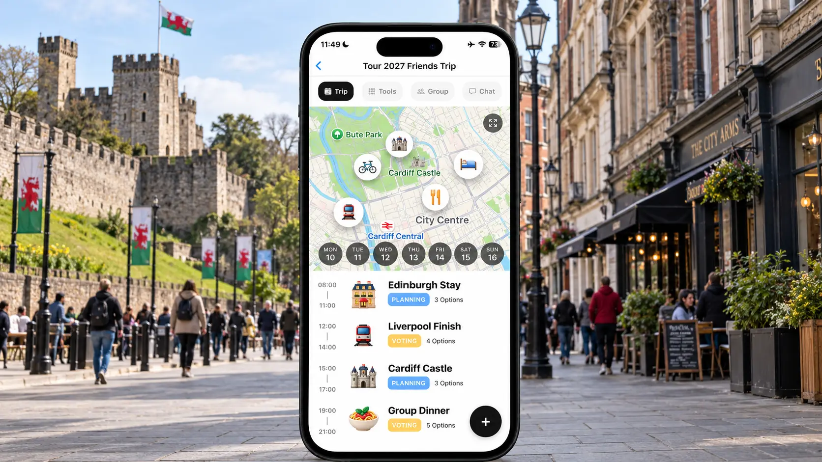 AI illustration of a FlowTrip Tour de France 2027 friends itinerary on an upright phone beside Cardiff Castle
