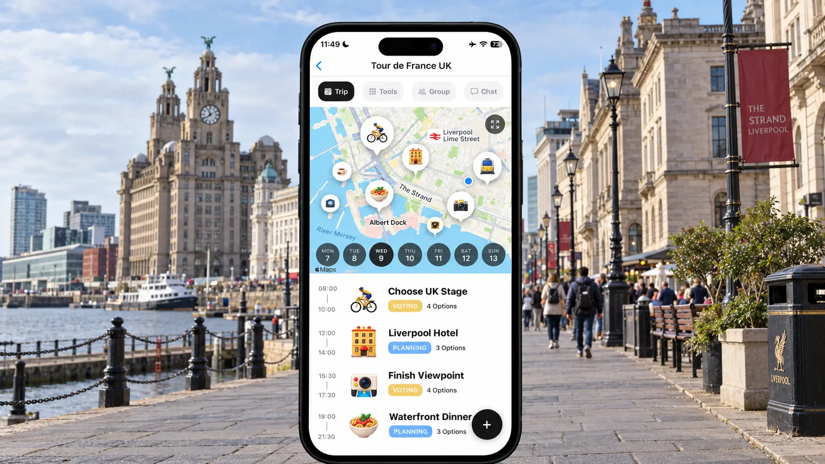 AI illustration of a FlowTrip Tour de France UK stage comparison screen on an upright phone beside Liverpool waterfront
