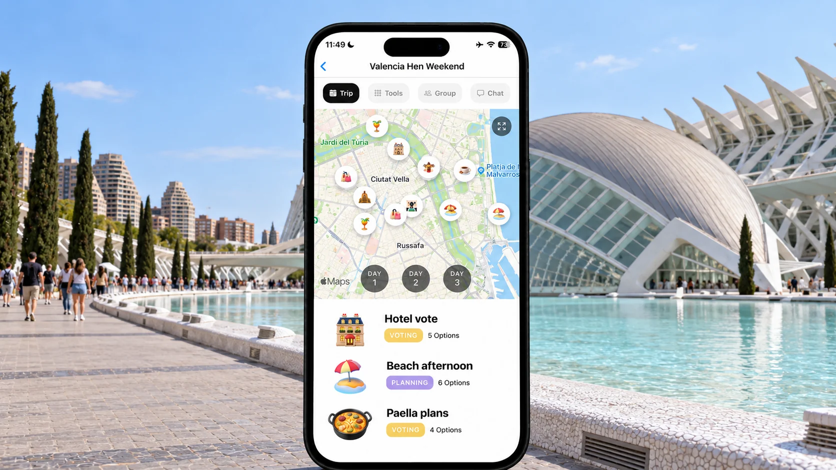 AI-made FlowTrip planning screen in front of Valencia’s City of Arts and Sciences