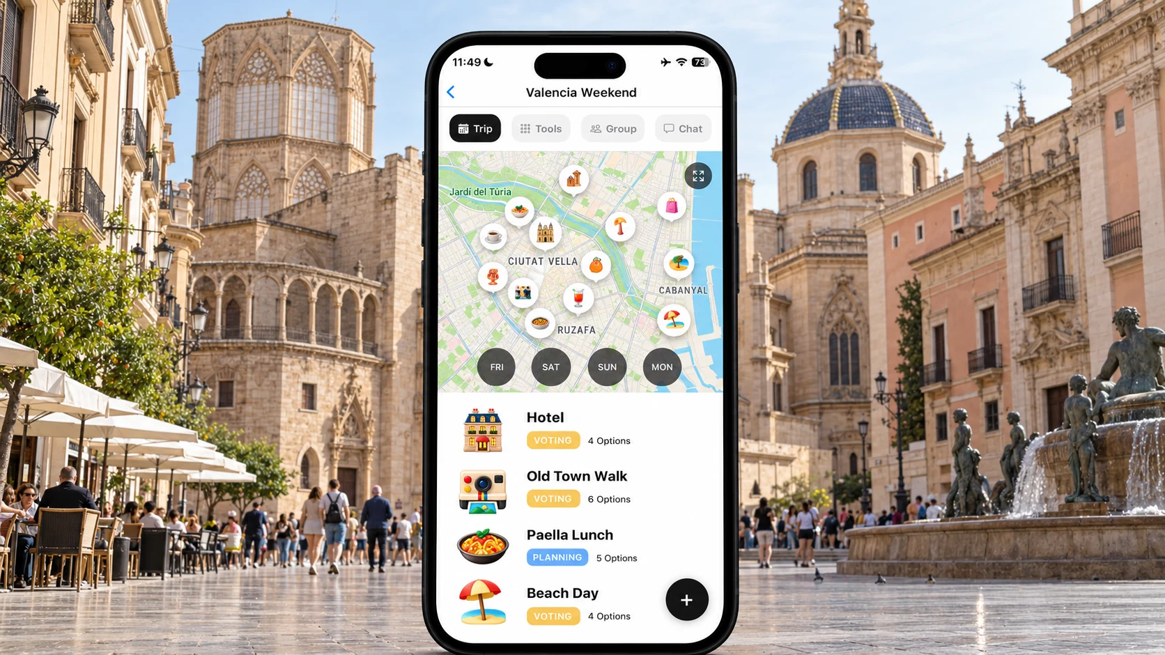 AI illustration of a FlowTrip Valencia weekend planning screen on a narrow upright iPhone with a recognizable Valencia city view behind it