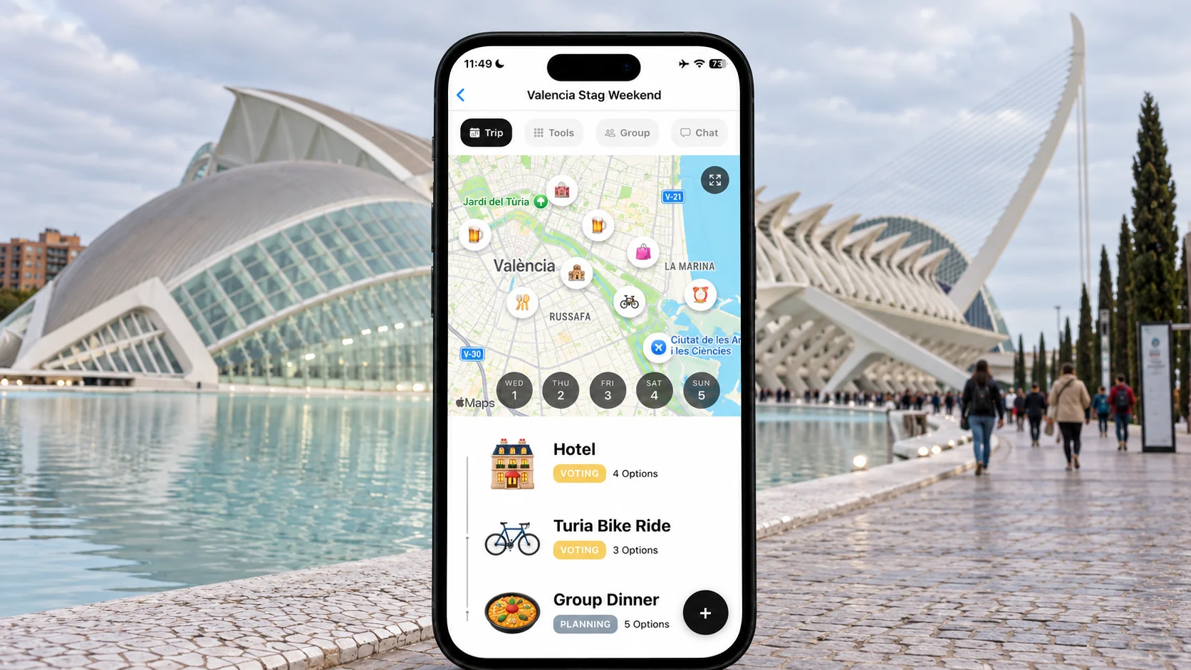 AI-made FlowTrip Valencia stag-weekend screen with a Turia bike-ride plan beside the City of Arts and Sciences