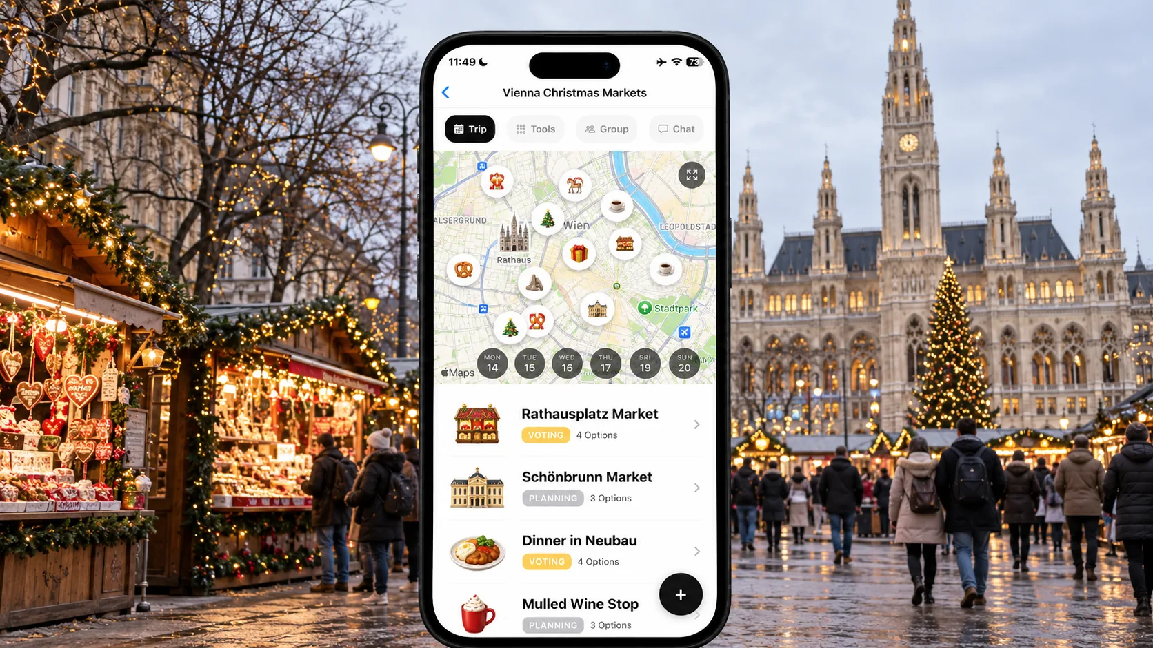 AI illustration of a FlowTrip Christmas market group plan on a phone in Vienna