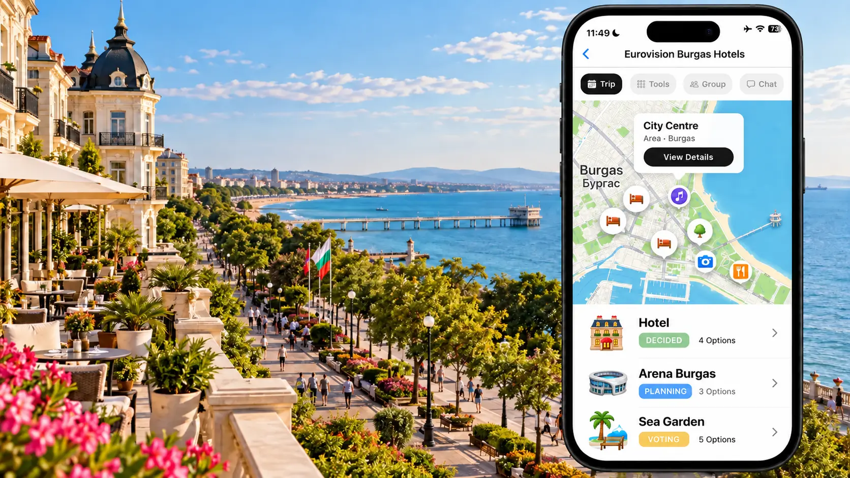 FlowTrip hotel and itinerary planner against the Burgas Black Sea waterfront