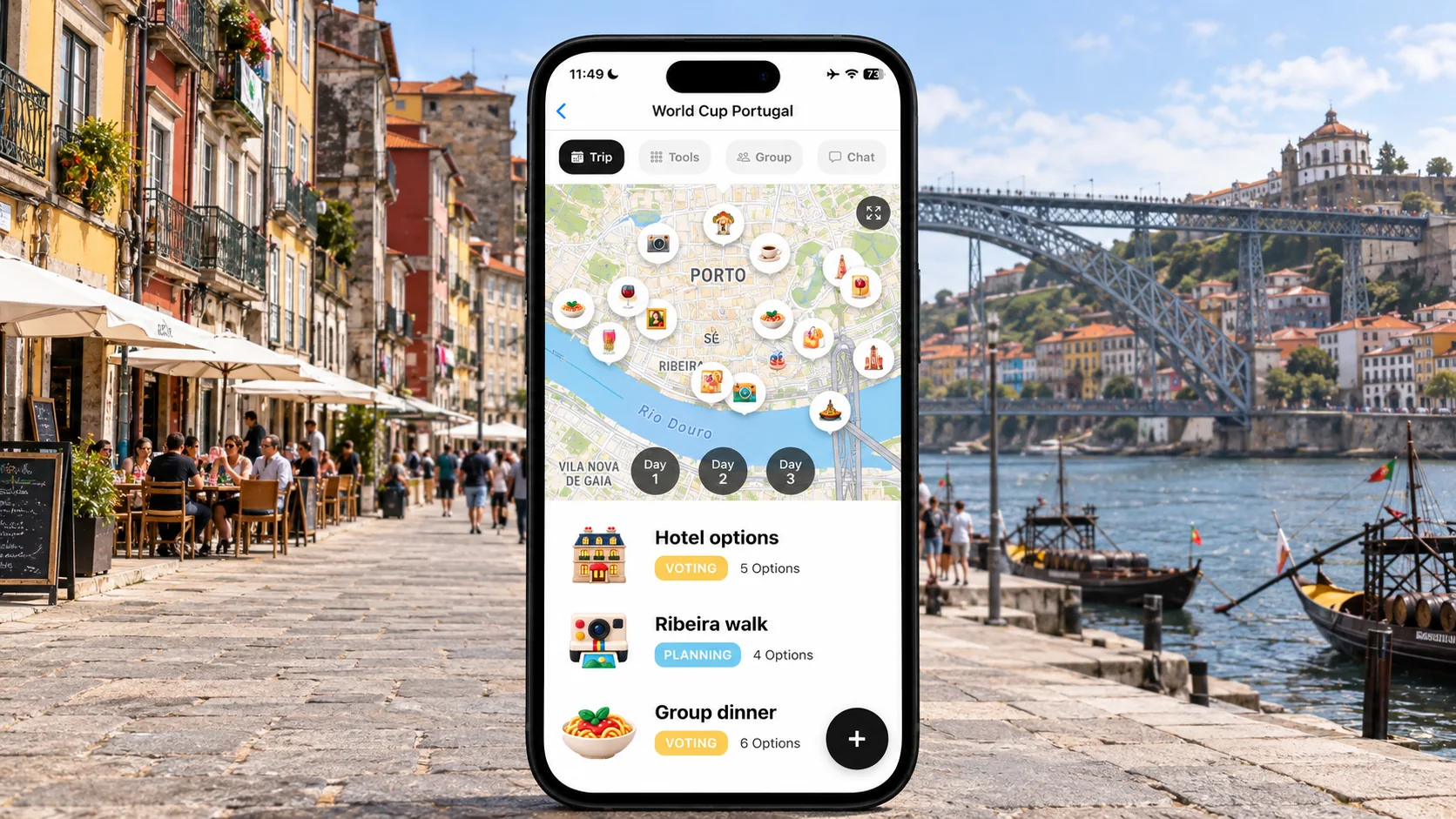 AI illustration of a FlowTrip Portugal football trip screen on a phone at Porto Ribeira with the Douro and Dom Luís I bridge behind it