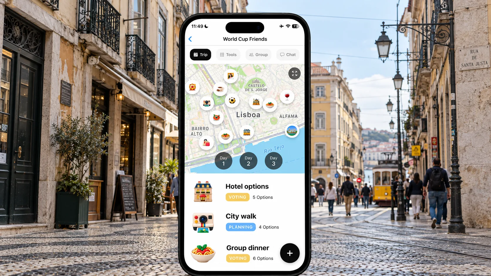 AI illustration of a FlowTrip friends football trip screen centered on an ordinary Lisbon Baixa street