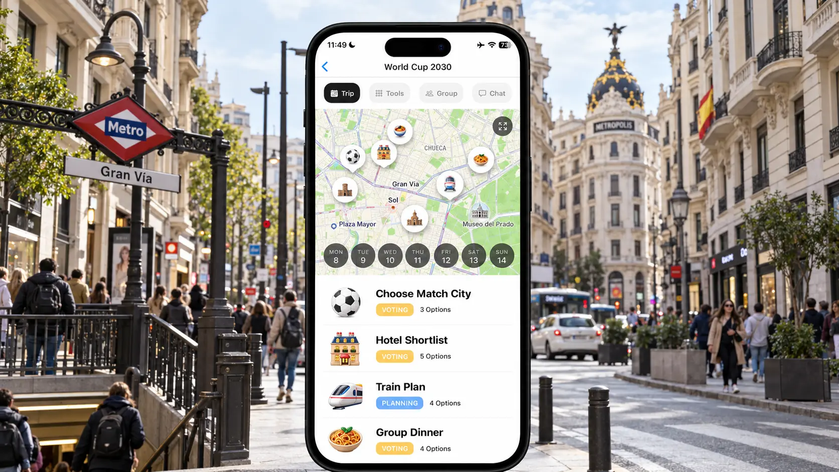 AI illustration of a FlowTrip World Cup 2030 friends trip planning screen on an upright phone in a realistic Madrid Gran Vía street scene