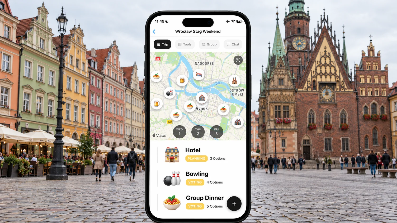 AI-made FlowTrip Wrocław stag-weekend screen in front of the colourful Rynek and Gothic Town Hall